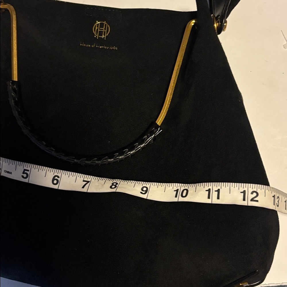 HOUSE OF HARLOW 1960 BLACK SUEDE BAG W/ SHOULDER STRAP GOLD/BRASS TONED HANDLE - Picture 15 of 16